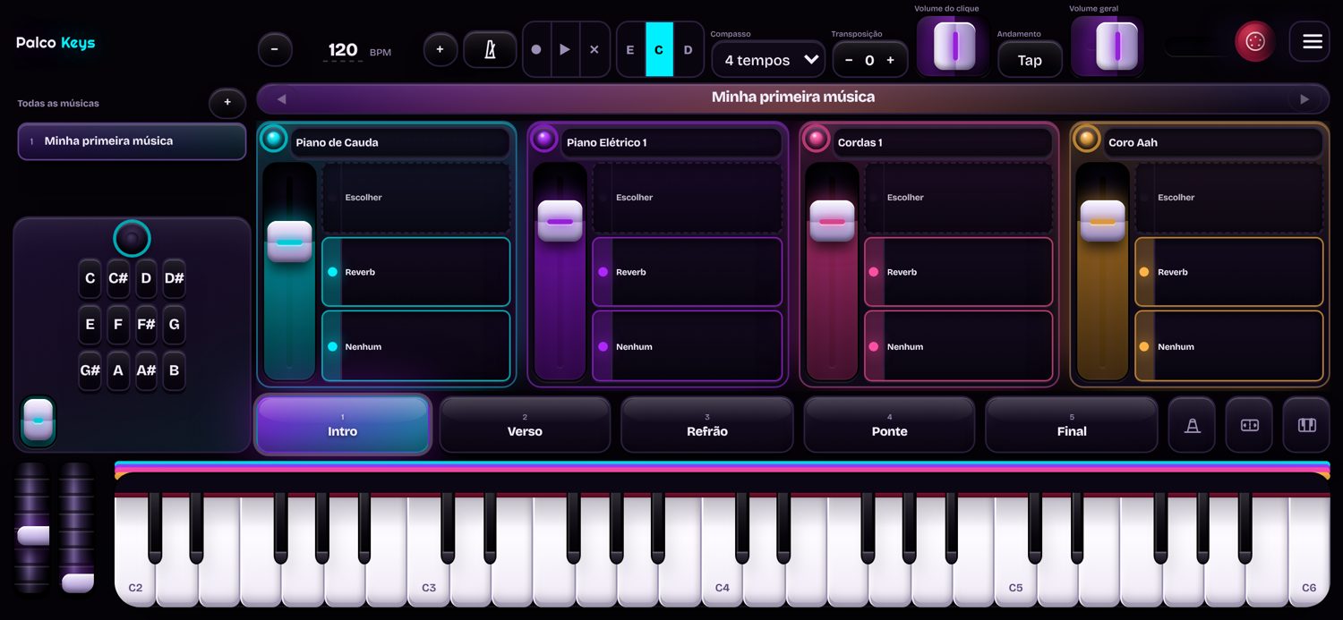 Palco Keys no iPhone em modo paisagem, com quatro canais, pad e teclado.
