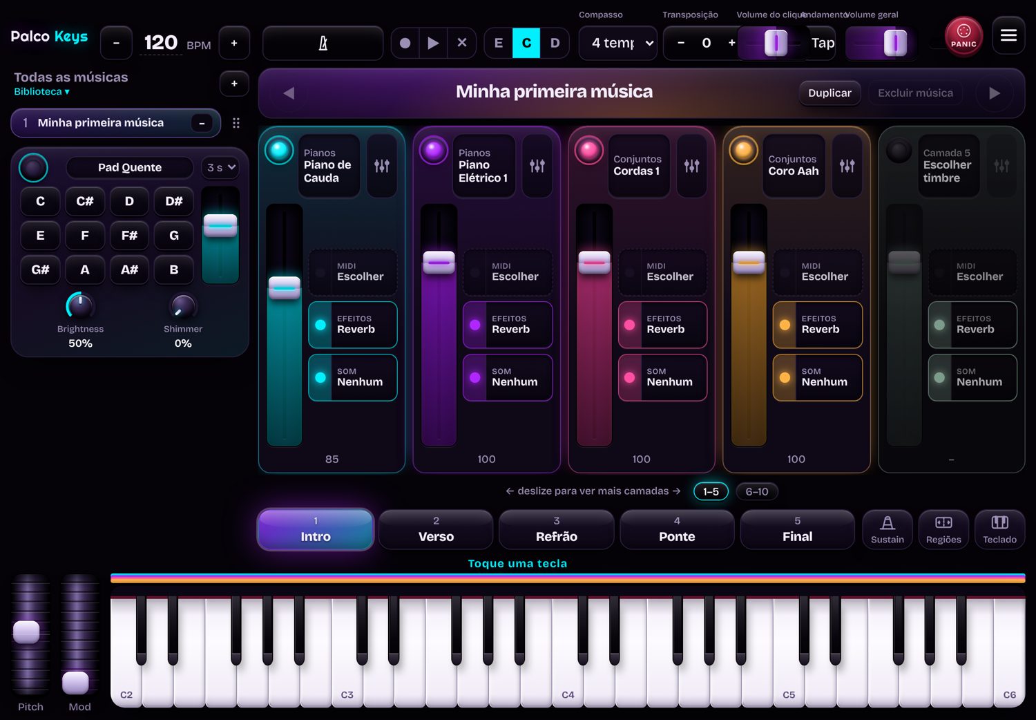 Tela principal do Palco Keys no tablet: quatro camadas de timbres com faders, pad contínuo, seções Intro, Verso, Refrão, Ponte e Final e teclado.